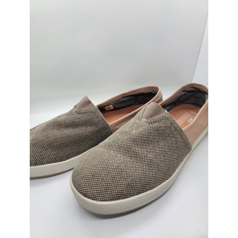 Casual Comfy Toms Men 12 Canvas Loafers Tan Olive Bubble Stitch Great Condition - Picture 3 of 15